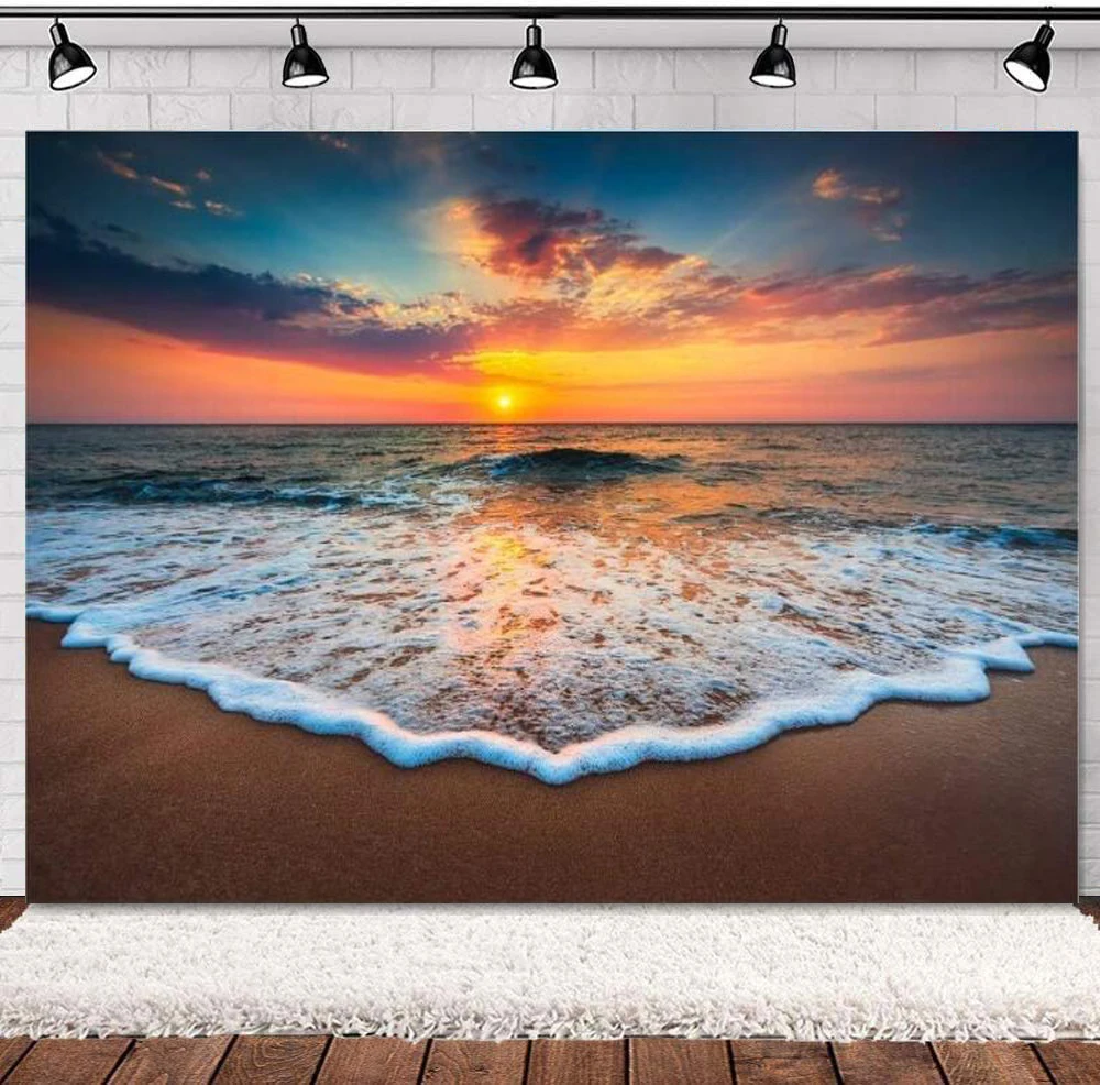 Photography Backdrop Seaside Sunset Wedding Ceremony Hawaiian Luau Party Hula Ocean Wave Foam Beach Sand Summer Background