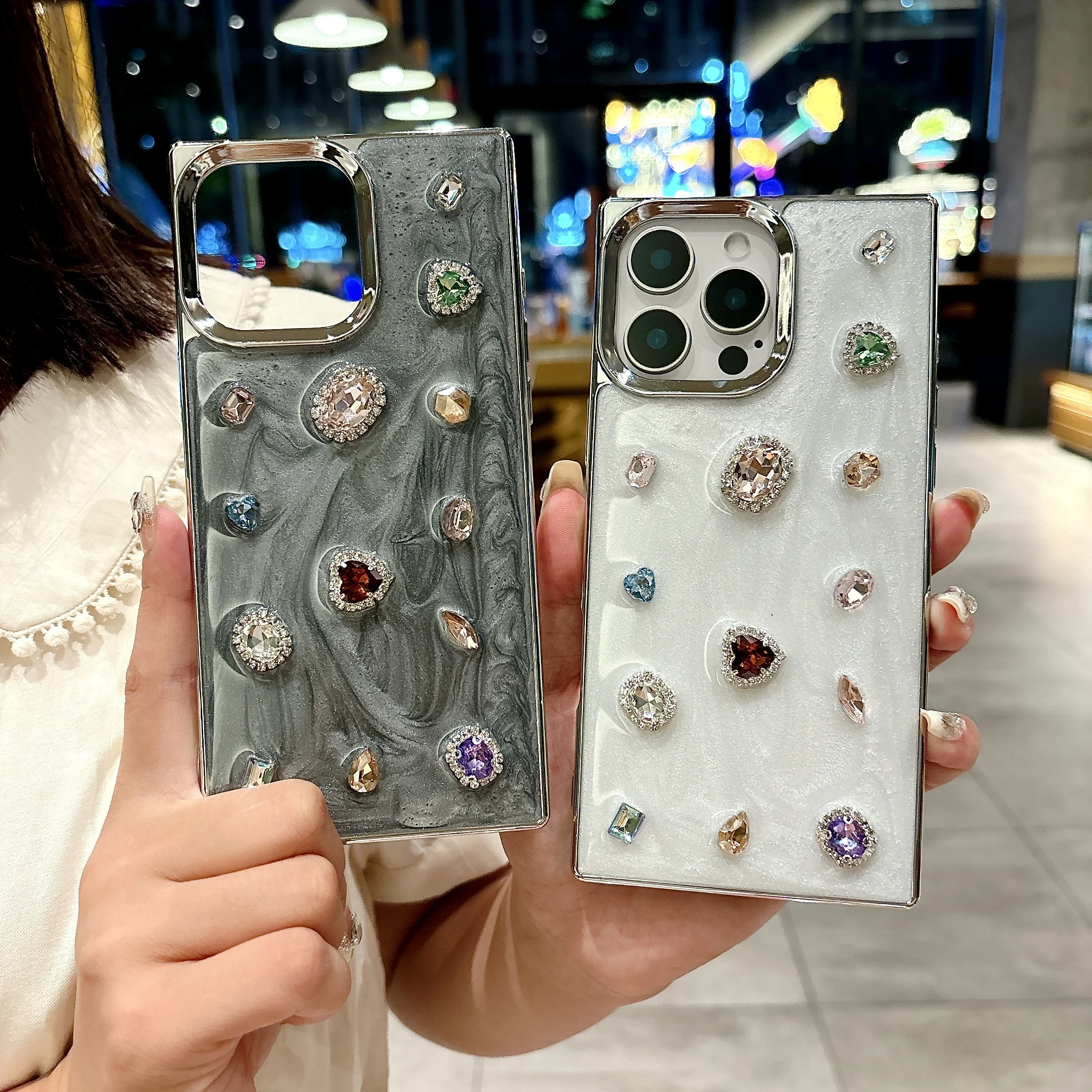 

Модный чехол для телефона с блестящими бриллиантами и прямыми краями для iPhone 12, 13, 14, 15, девчачий чехол с текстурой зыбучих полов для 16 Pro Max