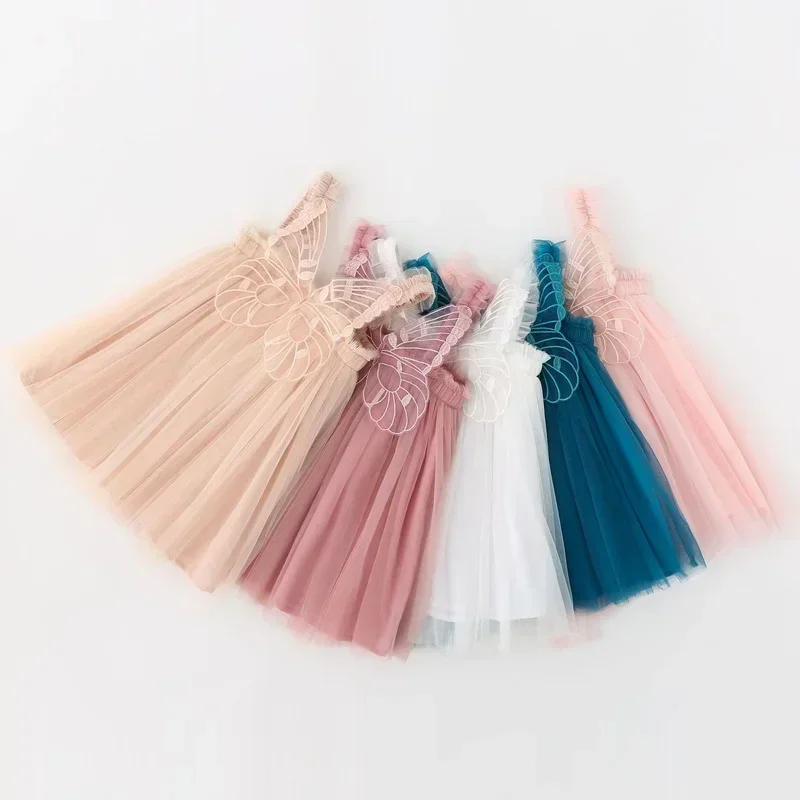 Summer 3D Angel Wings Fairy Princess Tulle Dress Birthday Strap Dress For Baby Girl Clothes Mesh Tutu Dresses Kid Party Costume