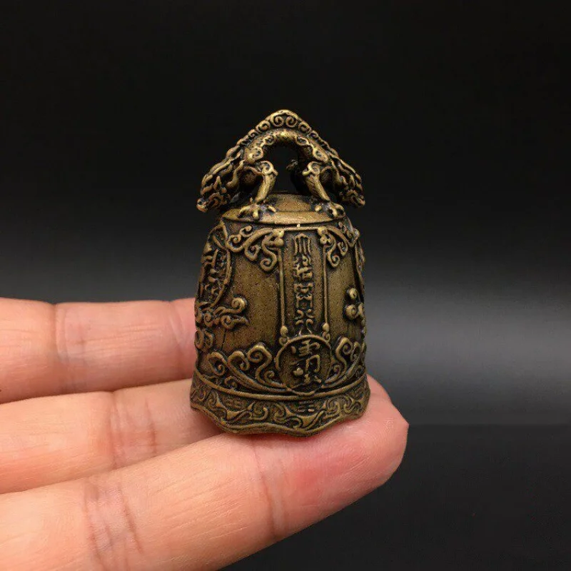 Antique Bronze Mini Dragon Nine Sons Pulao Bell Keychain Small Copper Temple Bell Auspicious Feng Shui Charm Collectible