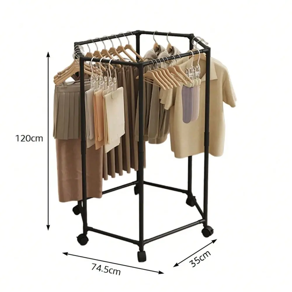 

Clothing Storage Rack Bedroom Movable Hanging Clothing Hanger Hexagonal Rotatable Clothing Rack With Wheels Space Saving