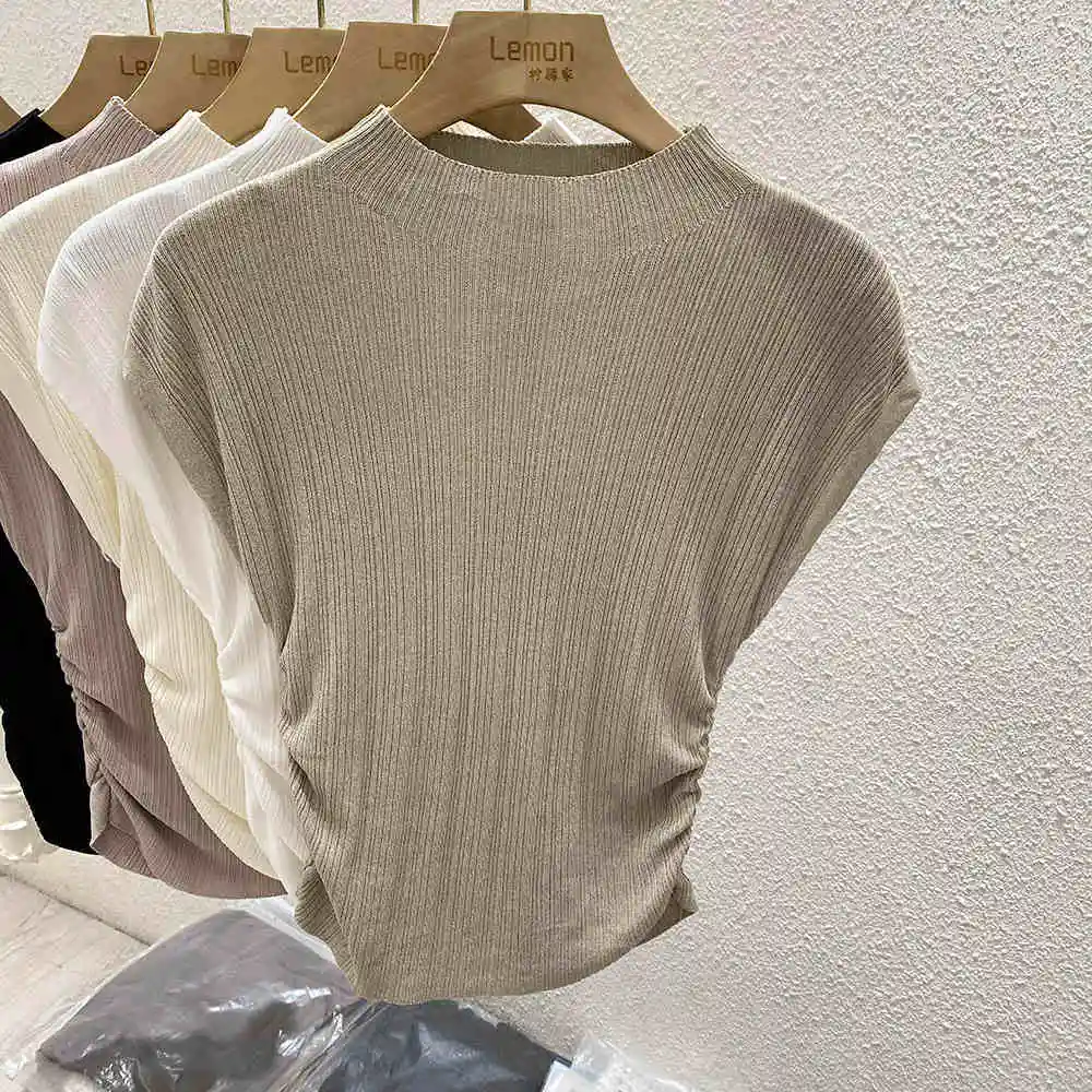 2026 Frühling Sommer Eisseide Strick-T-Shirt Halbhoher Kragen Taillenbetonend Einzigartiges Design Slim Fit Kurzarm-Unterhemd