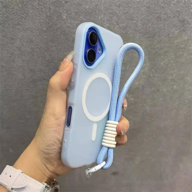 Funda magnética Magsafe Candy Contrast con cordón para iPhone 18 17 16 15 Pro Max 14 Plus 11 12 13 Air, correa de muñeca, cubierta mate