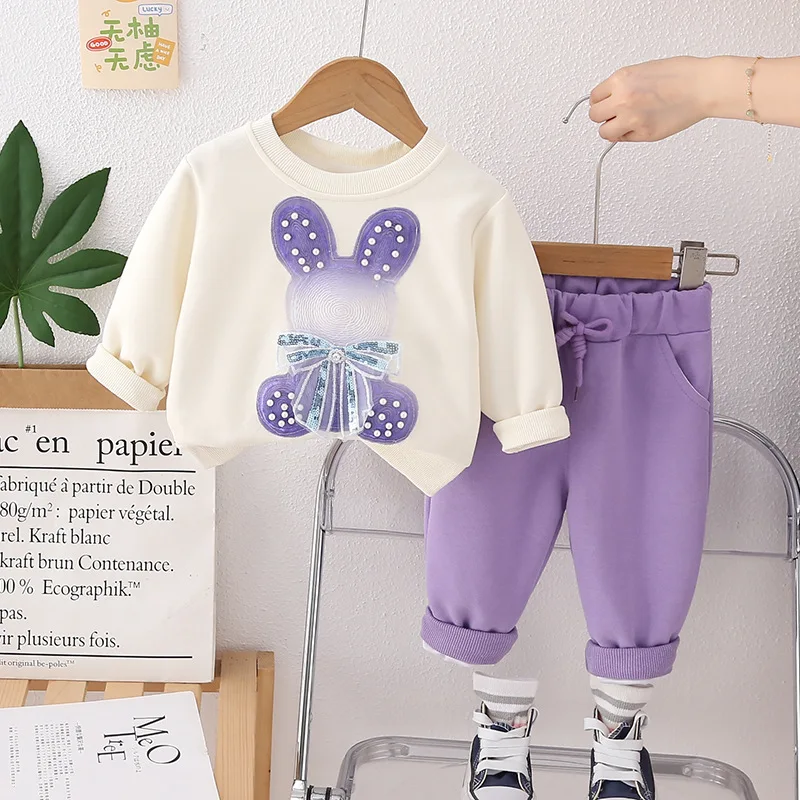 2024Spring and Autumn New Girls\' Cartoon Rabbit round Neck Long Sleeve Korean Style Fashionable Sweater Sports Two-Piece Set