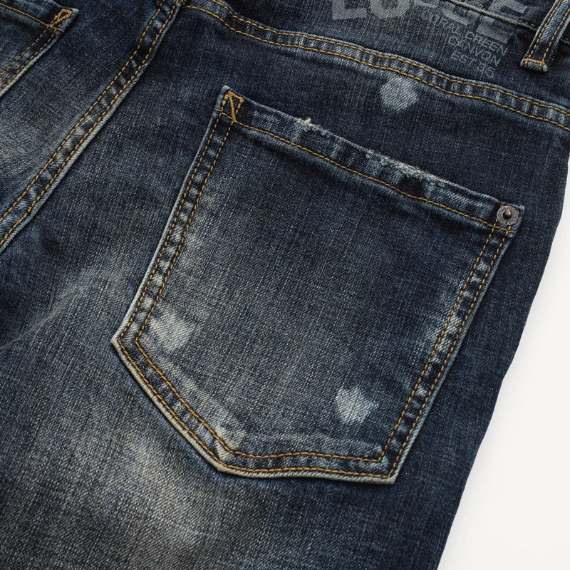 Street Designer Fashion Men Jeans High Quality Retro Washed Blue Stretch Slim Fit Painted Ripped Jeans Men Brand Denim Pants