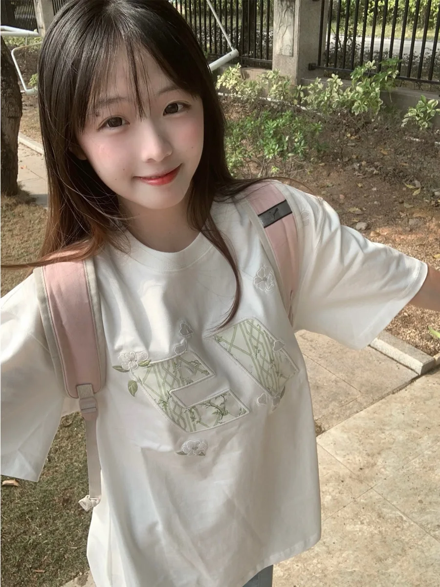 American Sle ort Sve T-Shirt Damen Sommer Design High Street Paar Einzigartiges schönes Top besticktes Buchstabenmuster