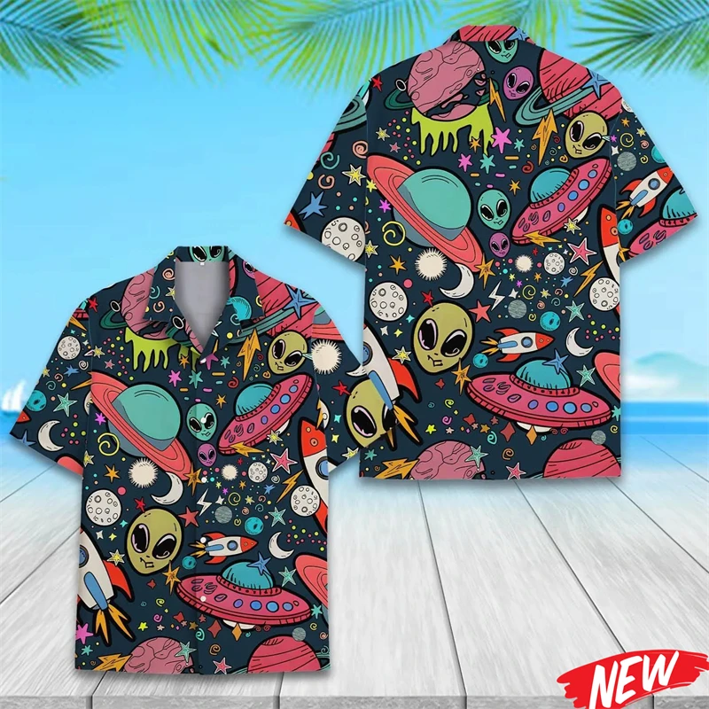 

Мужская гавайская рубашка с 3D-принтом «Инопланетяне», летняя, пляжная, на пуговицах, с коротким рукавом, оверсайз, с отложным воротником, коллекция 2026 года