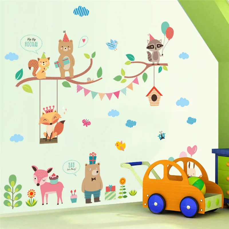 

Animal Party Wall Stickers Kids Room Decoration Cartoon Deer Lion Owl Safari Mural Art Diy Home Decal Poster