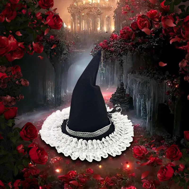 

Handmade Lace Witch Pointed Hats Bandage Bow Wizard Hat Adult Gothic Lolita Cosplay Costume Accessories Halloween Party Hat