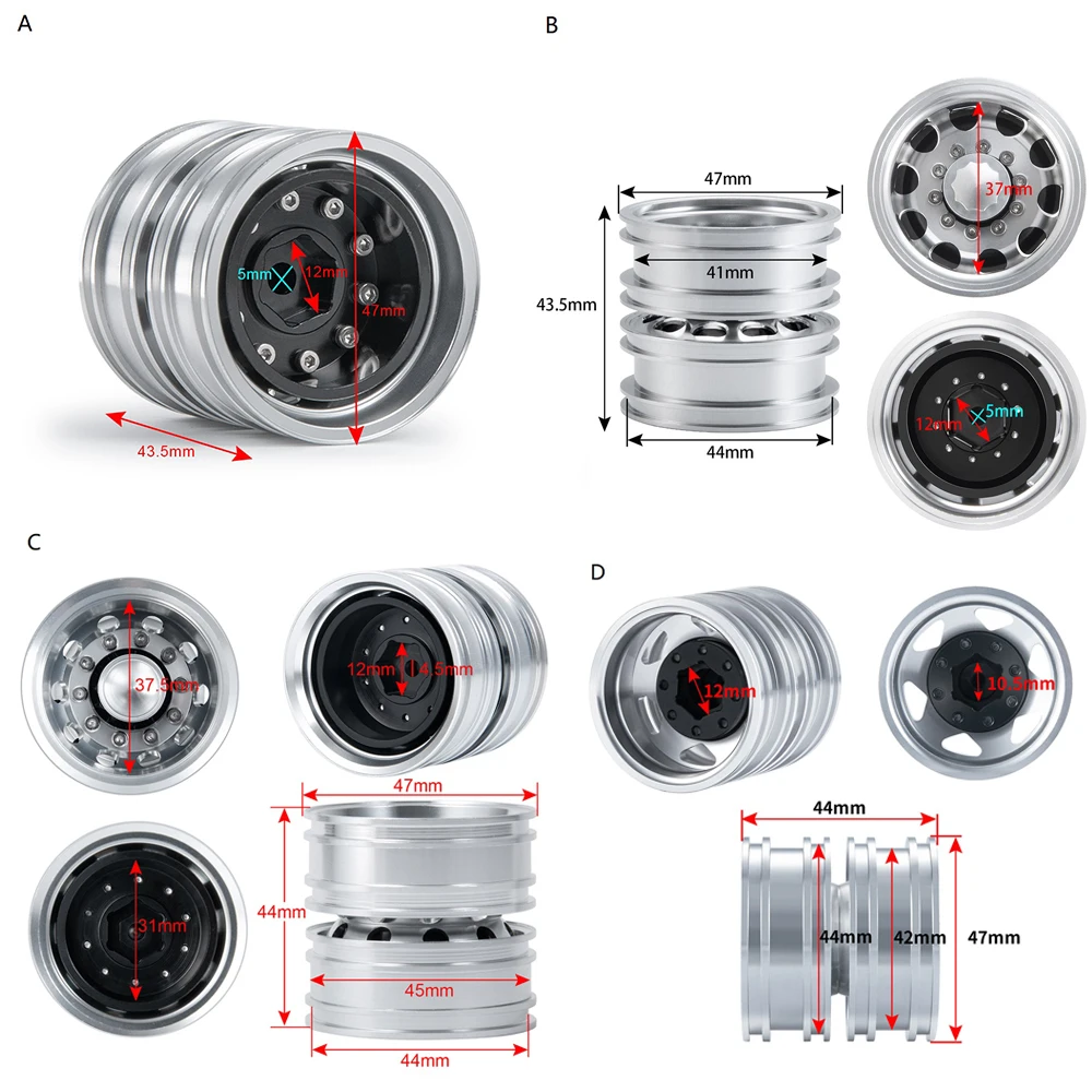 TRINOOD 4 stuks Achterwiel Hub Aluminium Hex Wielen Velgen voor 1/14 Tamiya RC Truck Auto Wielen Onderdelen