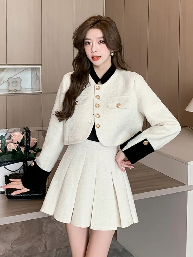 High Quality Small Fragrant Tweed Two Piece Set For Women Korean Sweet Short Jacket Coat + Pleated Skirt Sets Conjuntos Cortos