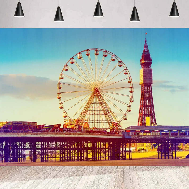 Фон для фотосъемки колес обозрения, башня Блэкпула и центральный пирс, колесо обозрения Ланкашир, Великобритания, фон, стена для портретной съемки