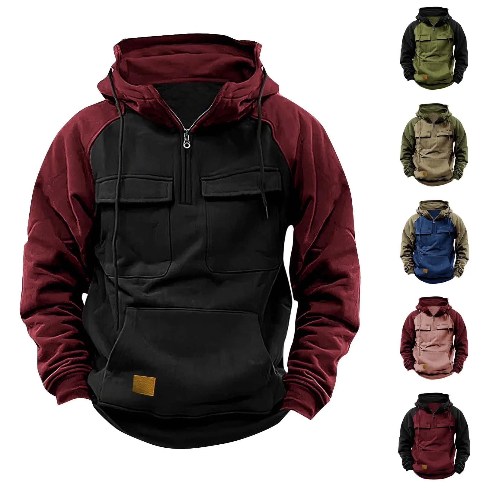 Men'S Autumn And Winter Vintage Long Sleeve Hoodie Half Zipper Hooded Sweatshirt Top Workwear Multi Pocket Outdoor Sweatshirts