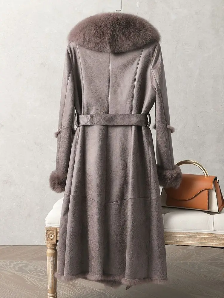 Rabbit fur integrated coat for women with oversized fox fur collar, medium length fur coat, rabbit fur inner liner