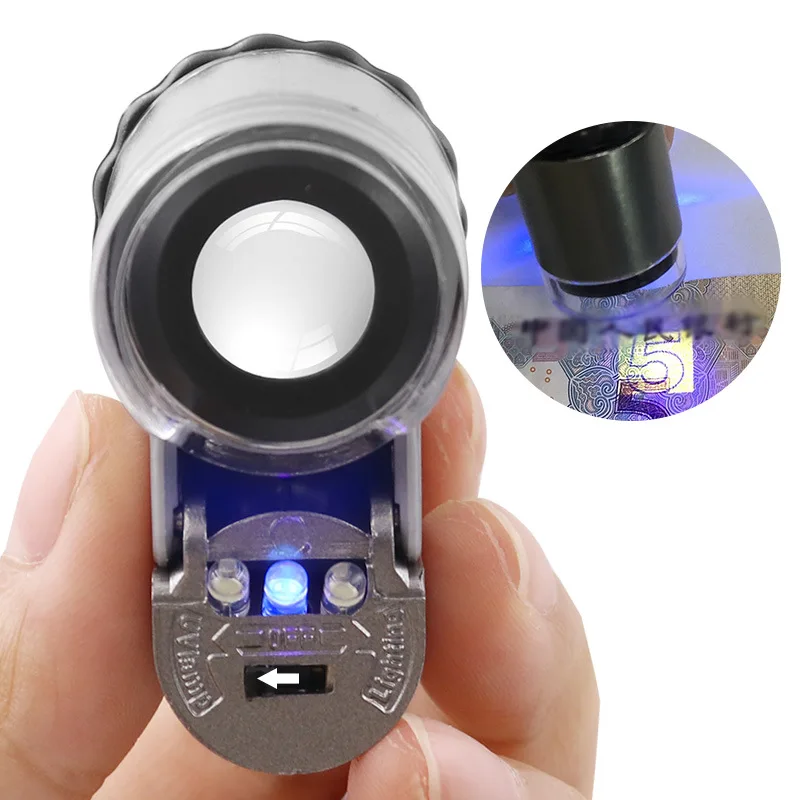 Imagem -04 - Lupa Dobrável Portátil com Iluminação Mini Microscópio de Bolso Handheld Lupa Jóias Moedas Selos Antiguidades 50x