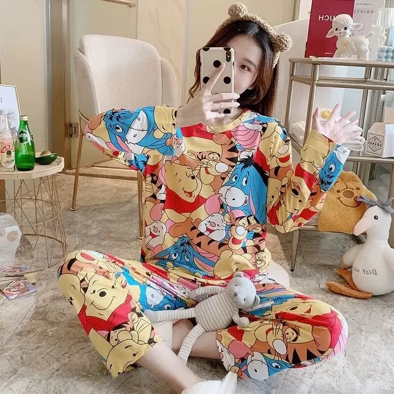 Disney Mickey Mouse Pajama Set Sleepwear Cartoon Anime Long Sleeved Shirt Pants Women Spring Autumn Warmth Tops Homewear Suit