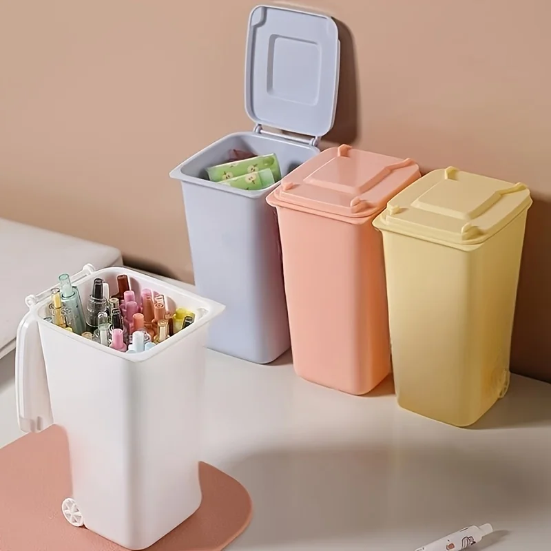 2pcs Closed Desktop Garbage Bin with Lid - Fashionable Small Box, Perfect Choice for Living Room, Bathroom, and Kitchen Storage