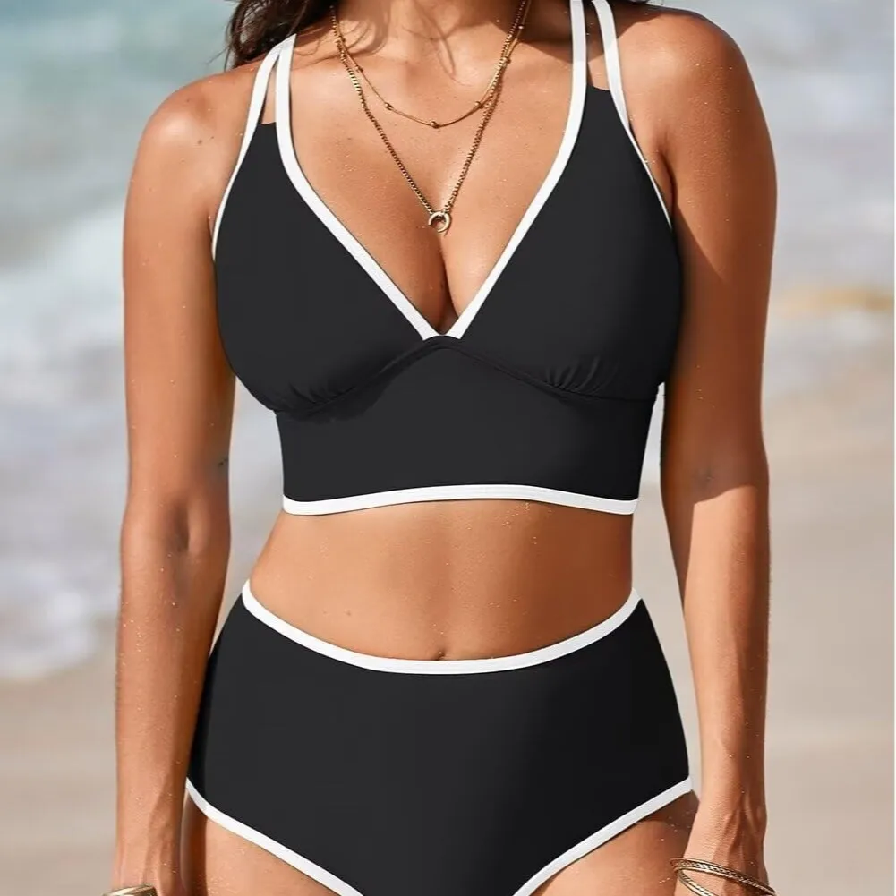 

2025 Deep V Sexy Split Cross Back Color Contrast Bra High Waist Shorts 2-Piece Set Swimsuit