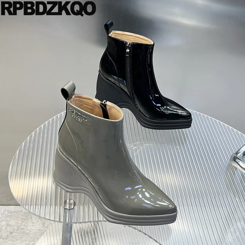 Latest Patent Leather Wedges High Heels Winter Waterproof Fur Lined Side Zip Women Platform Boots Plush Booties Pointy Toe Shoes