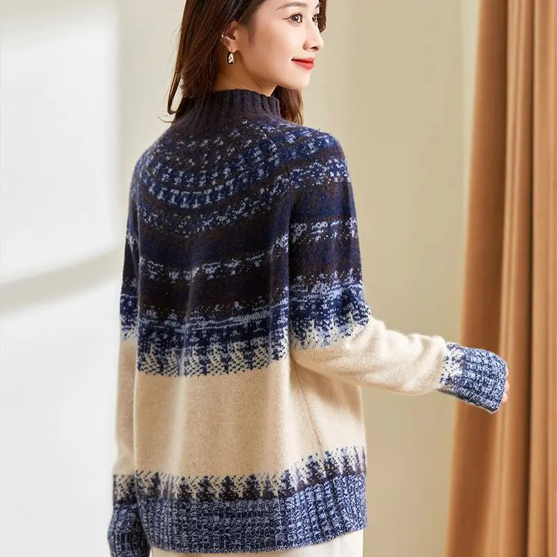 Suéter de Punto Estilo Otoño Invierno, Color Azul y Blanco Porcelana, Hoado, Cubre el Abdomen, Adeazante, Capa Base, Mang...