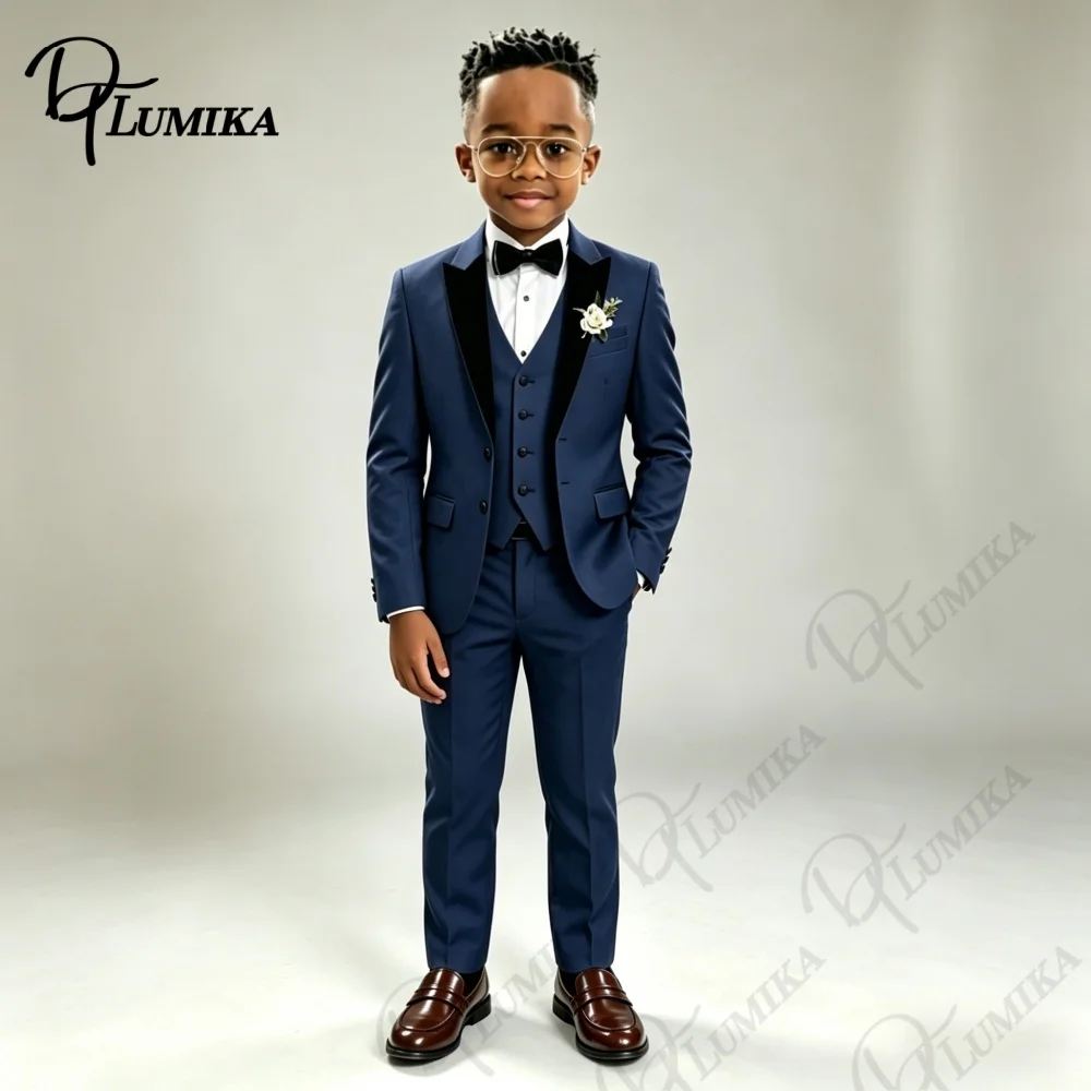 Kids Boys Navy Formal Suit Set Floral Tie Peak Lapel Blazer Vest Pants for Wedding Ring Bearer Party Stage Performance Outfit