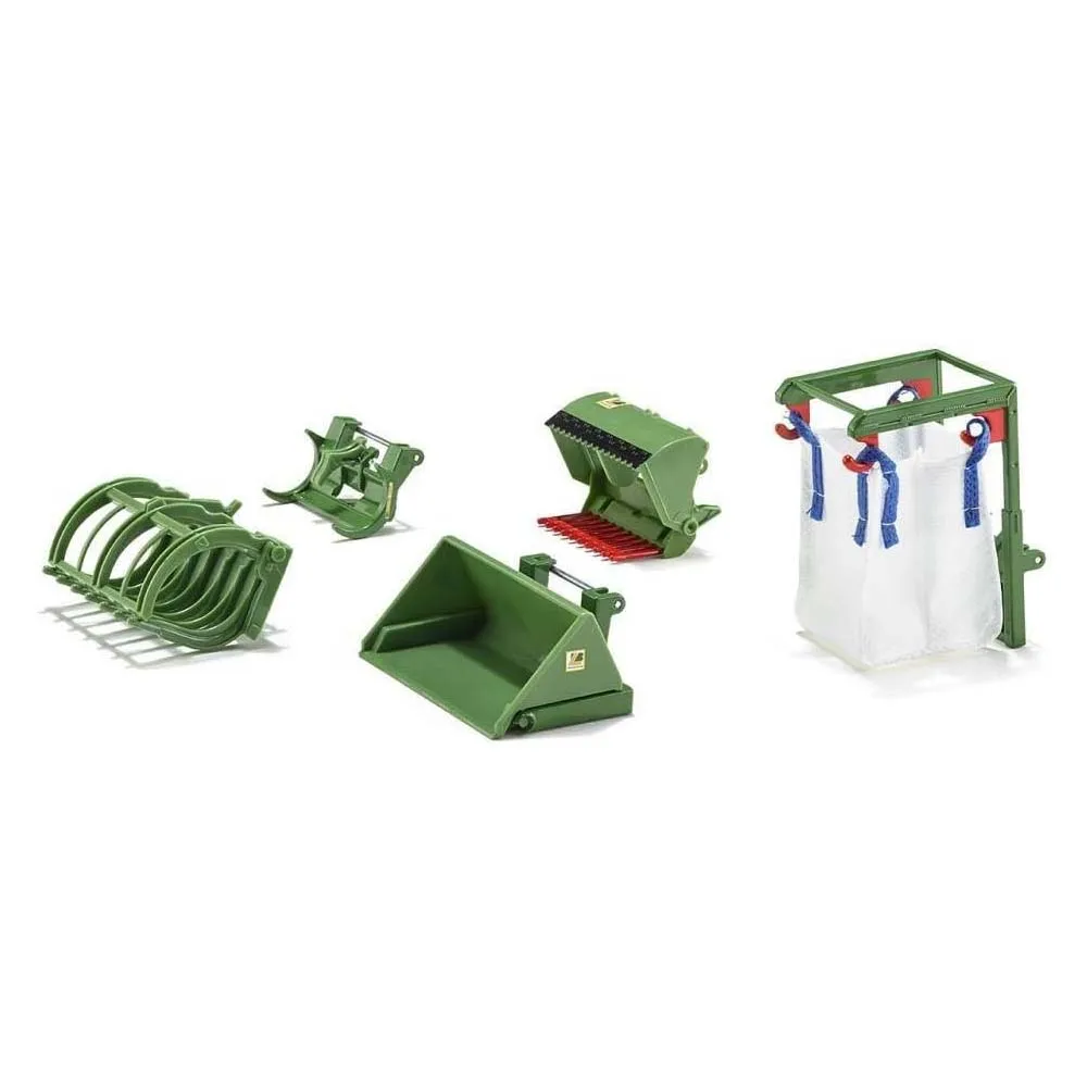 1: 32 3658 front end loading tractor accessory set silagecutter brush down grab high pointed bucket and large backpack strap