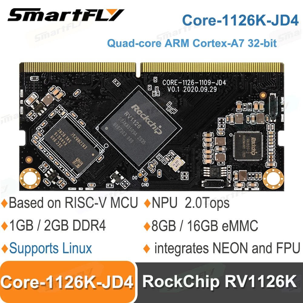 

Smartfly Core-1126K-JD4 Rockchip RV1126K Четырехъядерный ARM Cortex-A7 32-битный NPU 2.0 топов 1 ГБ/2 ГБ DDR4 для промышленного оборудования