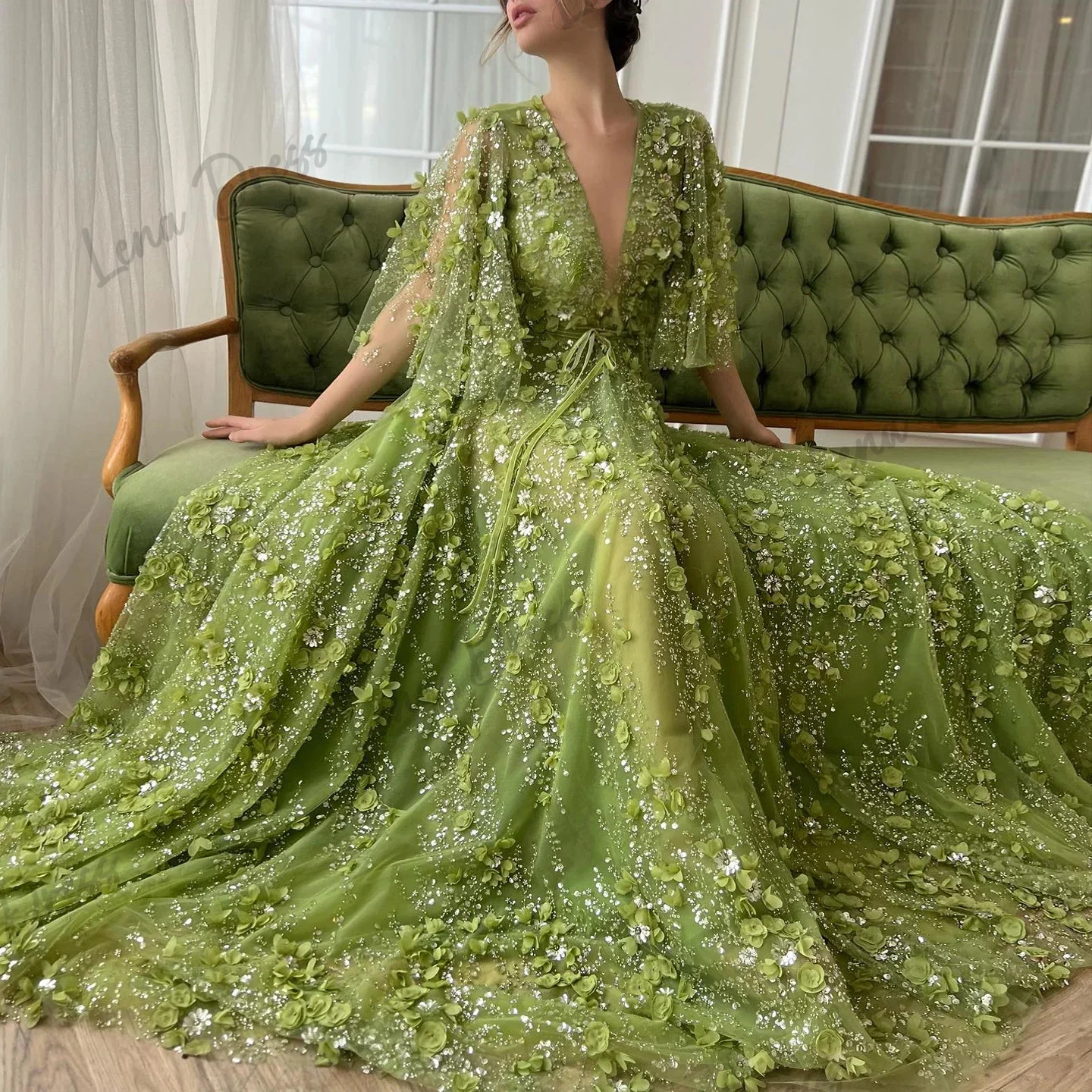 Lace Half Sleeves Evening Dresses 2024 Women Evening Dress Lena Embroidered Line A Party Dress for Wedding V-neck Green Backless