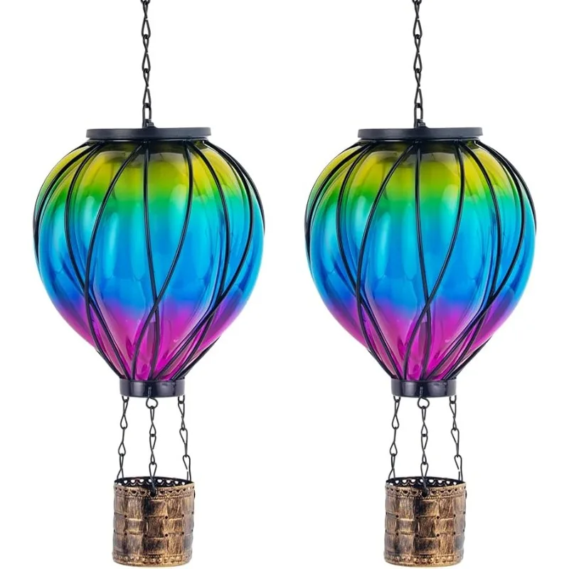 Vintage Solar Gartenlampe LED Flammeneffekt Heißluftballon Outdoor Dekor Metall Glas Flackernes Rasenlicht Wasserdicht