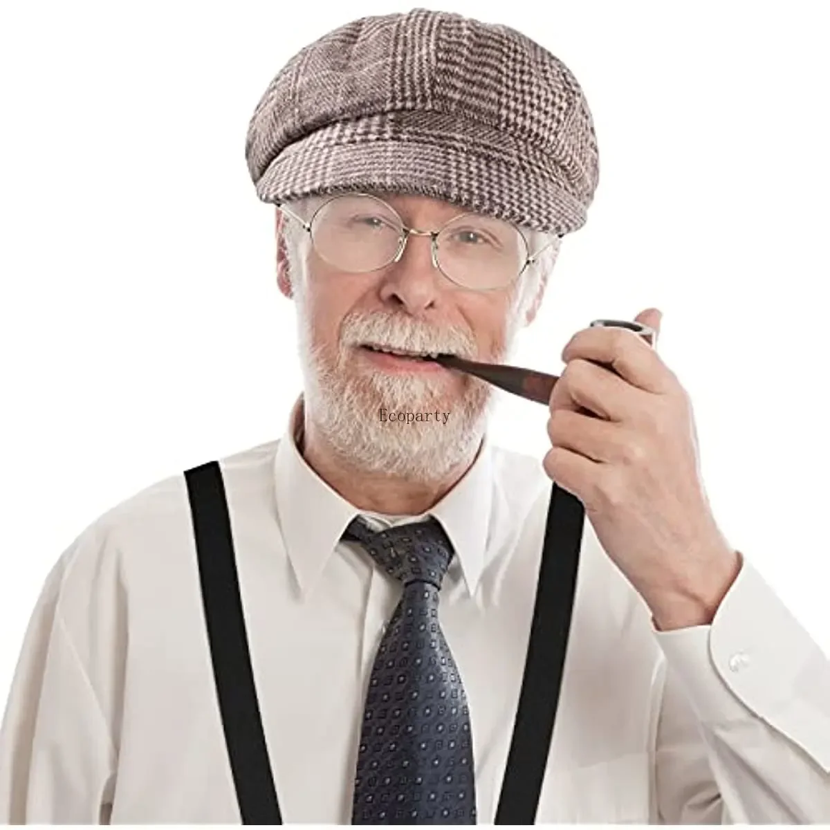 8 Pcs Old Man Costume 1920s Grandpa Accessories Set 100th Day of School Beret Hat Glasses Eyebrows Suspender Watch Great Gatsby