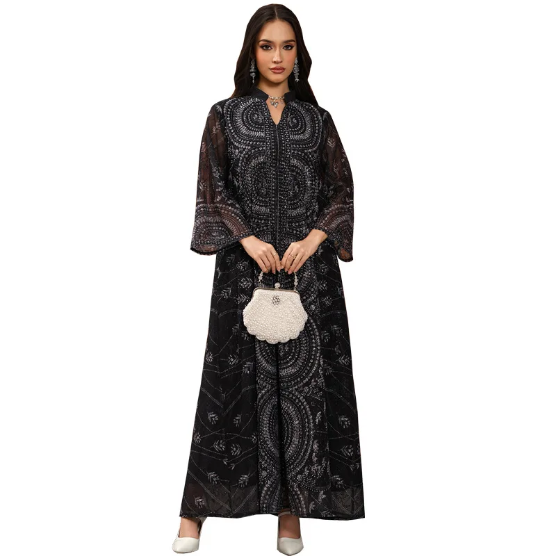 

Luxurious Dress Middle Eastern Floral Abaya Rhinestone Embellished Fashion Jalabiya Comfortable Printed Elegant Kaftan