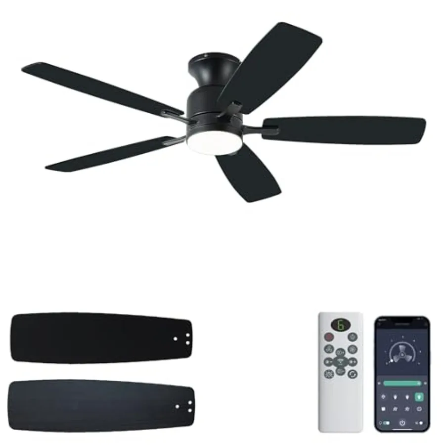 

Потолочный вентилятор с подсветкой 52 дюйма, встраиваемый, с пультом/управлением через приложение, 3 режима цветовой температуры, диммируемый, двигатель постоянного тока, низкопрофильный