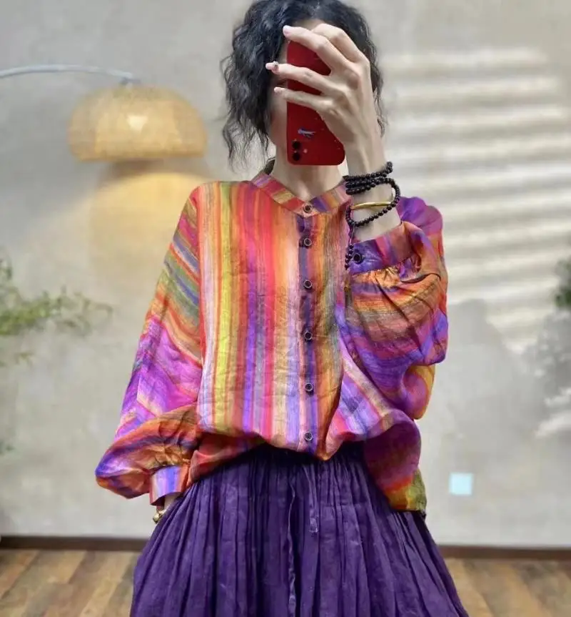 2024 Spring Summer New Rainbow Stripe Printed Shirt Bat Sleeve Loose Hong Kong Style Casual Versatile Long Sleeve Shirt Tops