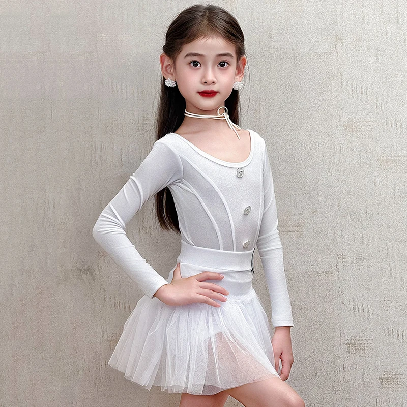 Kids Girls Latin Dance Costume Velvet Long Sleeve Bodysuit and Mesh Chiffon Skirts Rumba Chacha Performance Practice Set