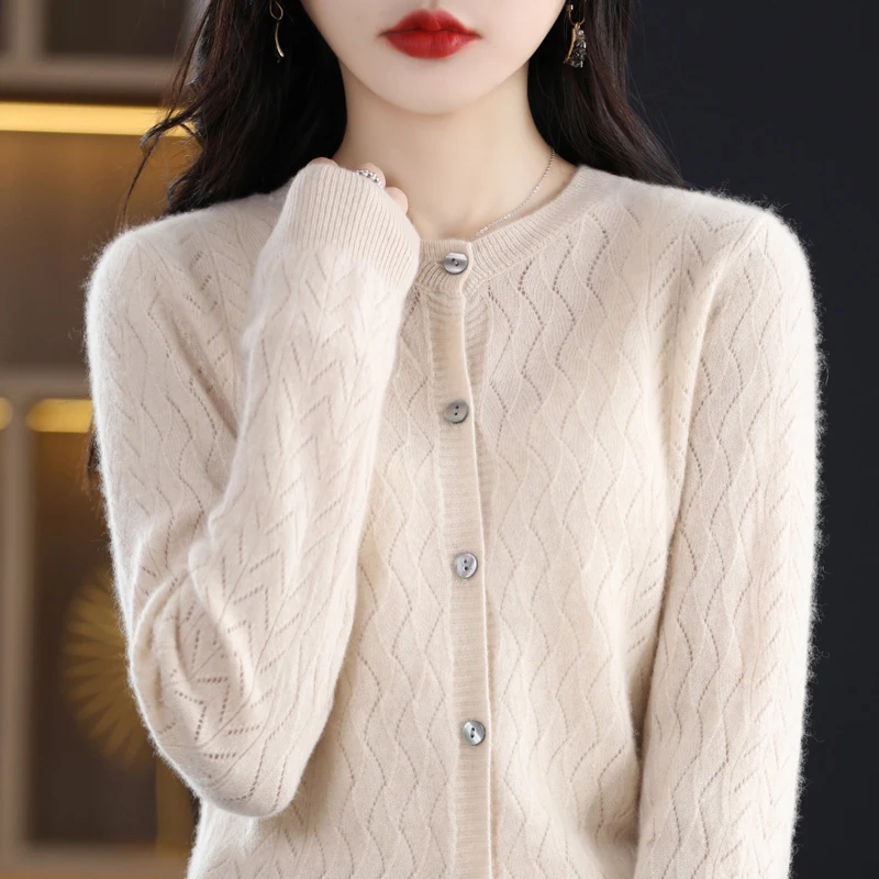 Fashion Button O-neck Sweater Wool Cardigan Women High Street Wave Hollow Out Autumn Winter Casual Knit Long Sleeve FemaleTops