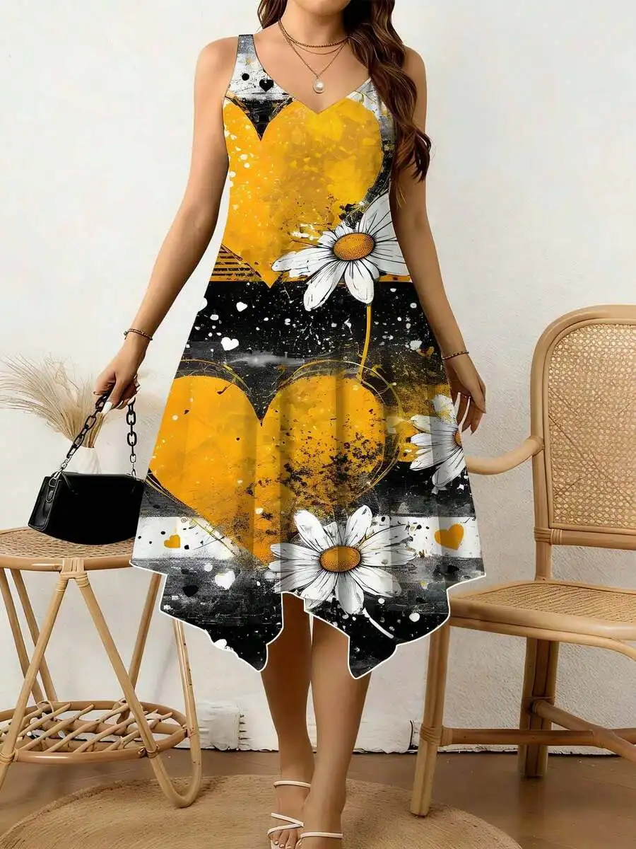 

Women V Neck Irregular Hem Dress With Yellow Heart And Daisy Print For Summer Beach Casual Wear