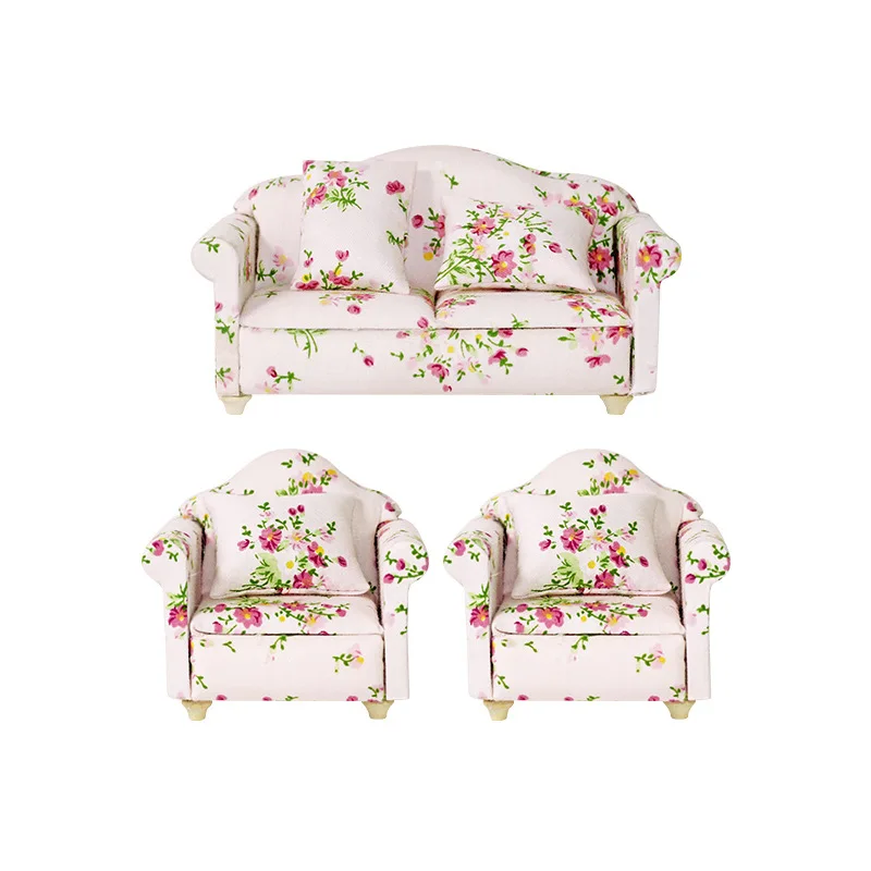 Accessoires pour maison de poupée 1:12, modèle Miniature, jouets Ob11, Mini ensemble de canapé à fleurs, meubles, maison de poupée, accessoires de photographie, jouets de décoration