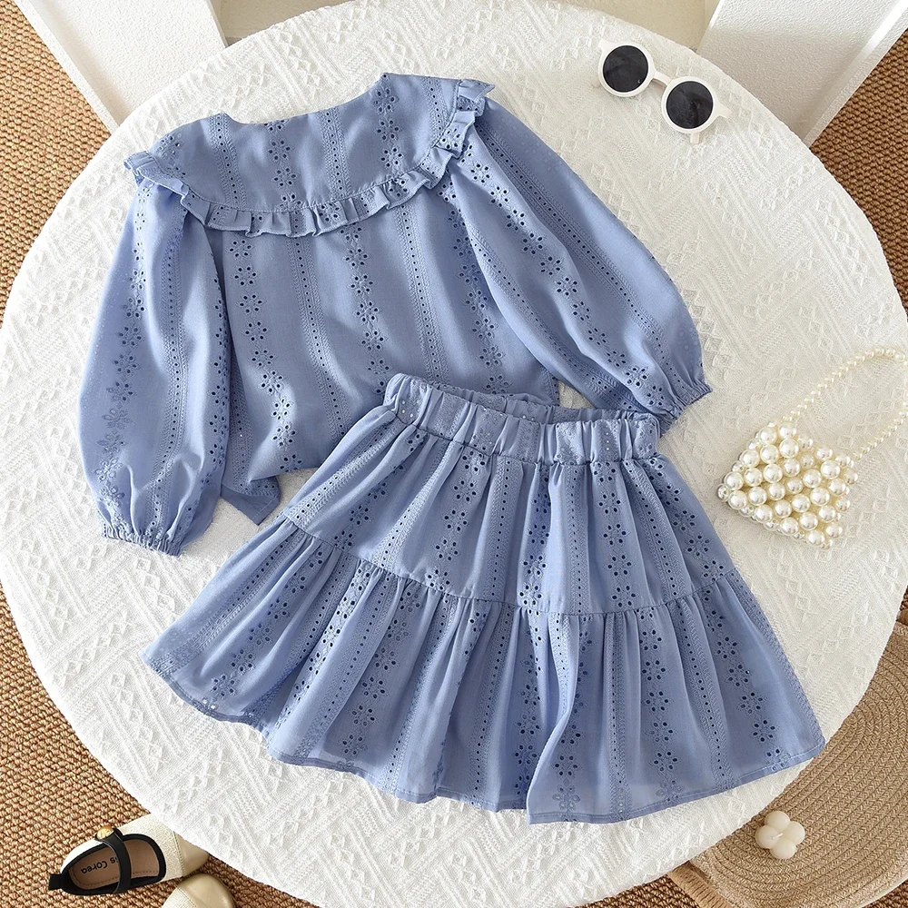 Koreanisches Akademie-Style Kinderset für Frühling und Herbst, Mädchenkleidung, Khaki Bedrucktes Hemd mit Kragen und Langen Ärmeln + Kurzer Rock – Detail 3