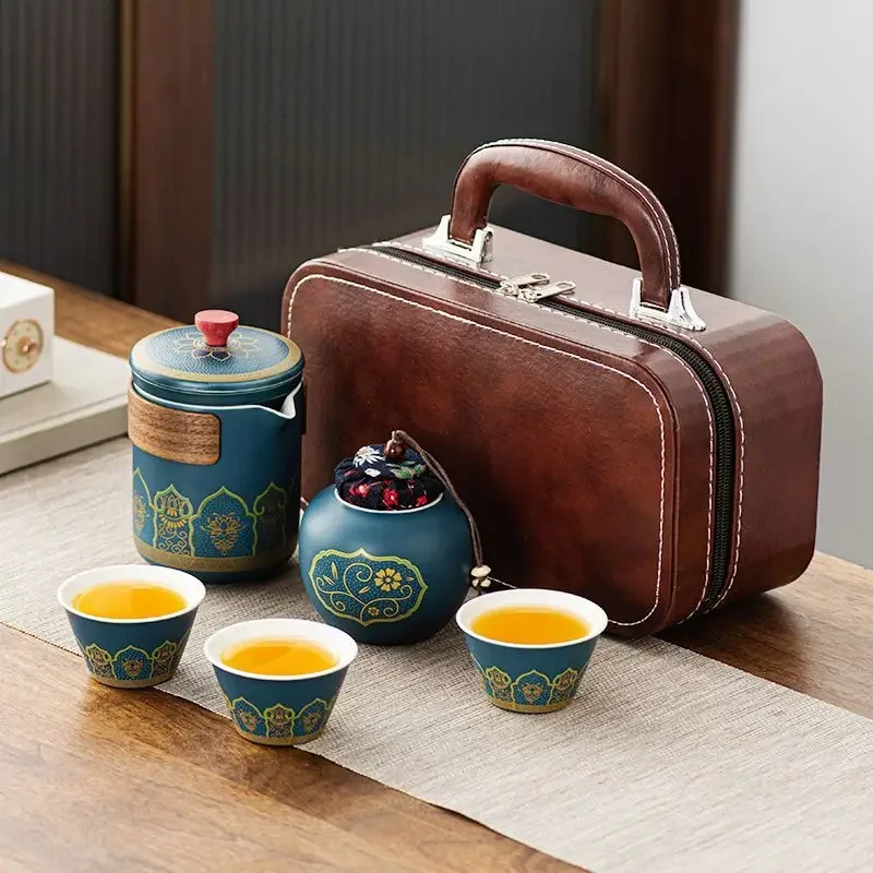 Travel Tea Set Portable Kung Fu Tea Set Ceramic Teapot Tea Canister Tea Cup Outdoor Quick Cup Tea Canister Leather Bag Packing