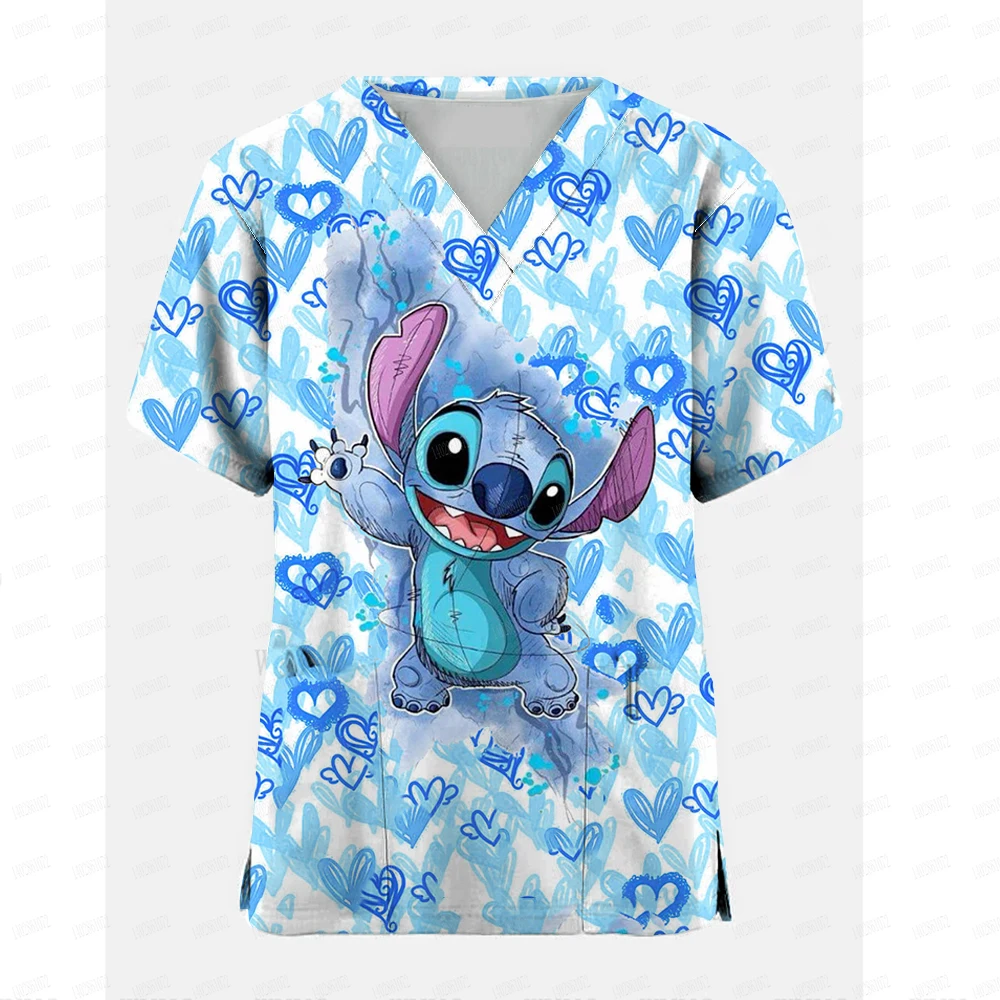 

Nurse Uniform Women Disney Stitch Print Short Sleeve V-neck Tops Lovely Working Uniform Blouse Nursing Accessories Carer Blouse