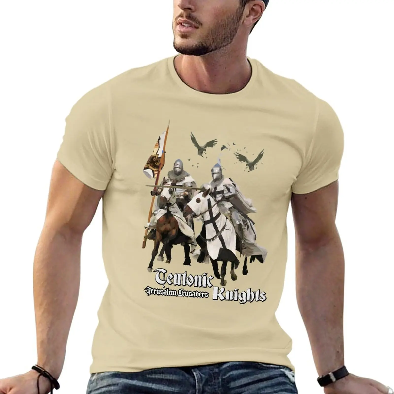 موضة الصليبية فرسان طباعة تي شيرت للرجال الشارع الاتجاه Harajuku ملابس عتيقة عادية س الرقبة قصيرة الأكمام الصيف فضفاضة #2