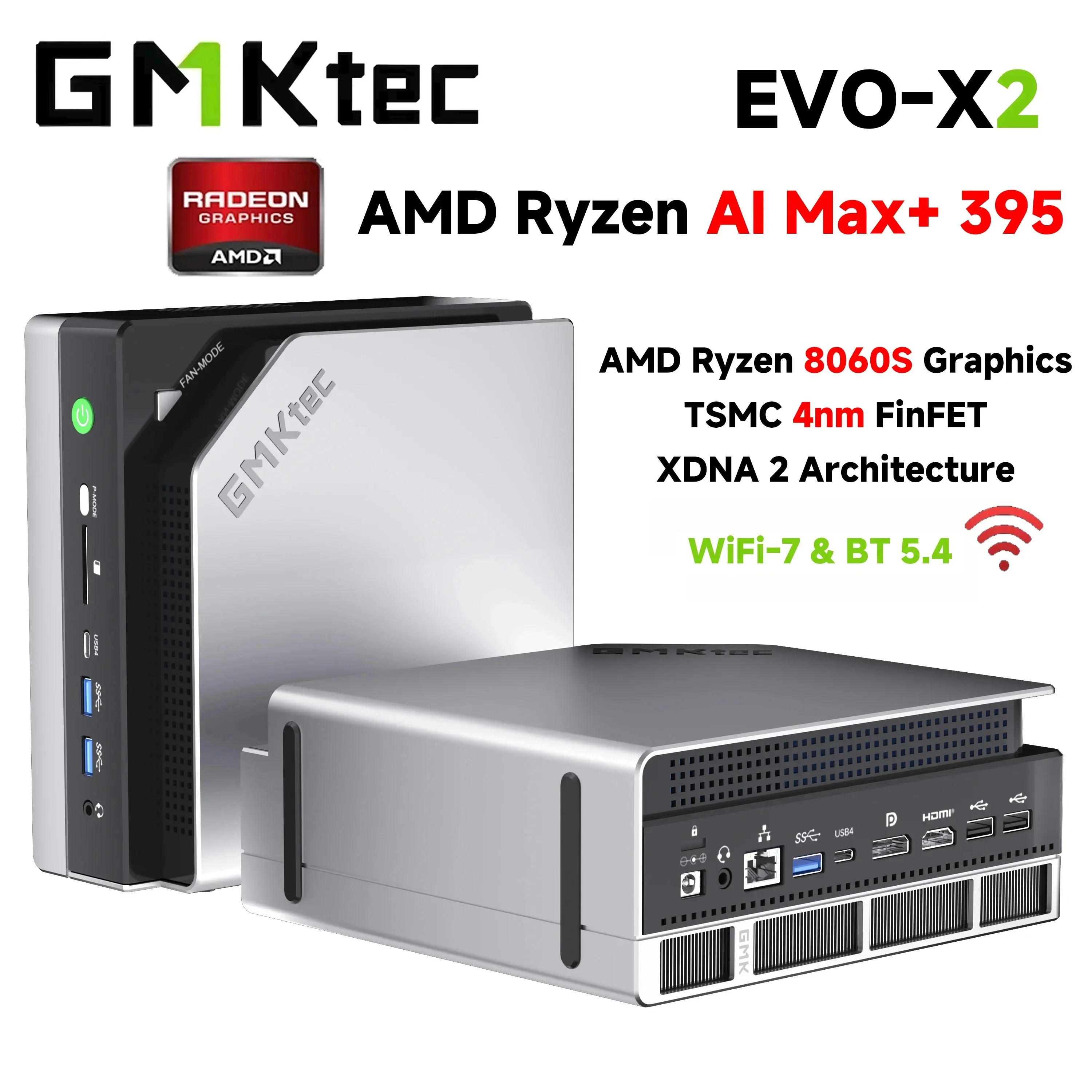 GMKtec EVO-X2 AI Mini-PC AMD Ryzen Al Max+ 395 LPDDR5X 128 GB 2 TB Windows 11 Pro PCIe 4.0 SSD WiFi 7 BT5.4 Desktop-Gamer-Computer