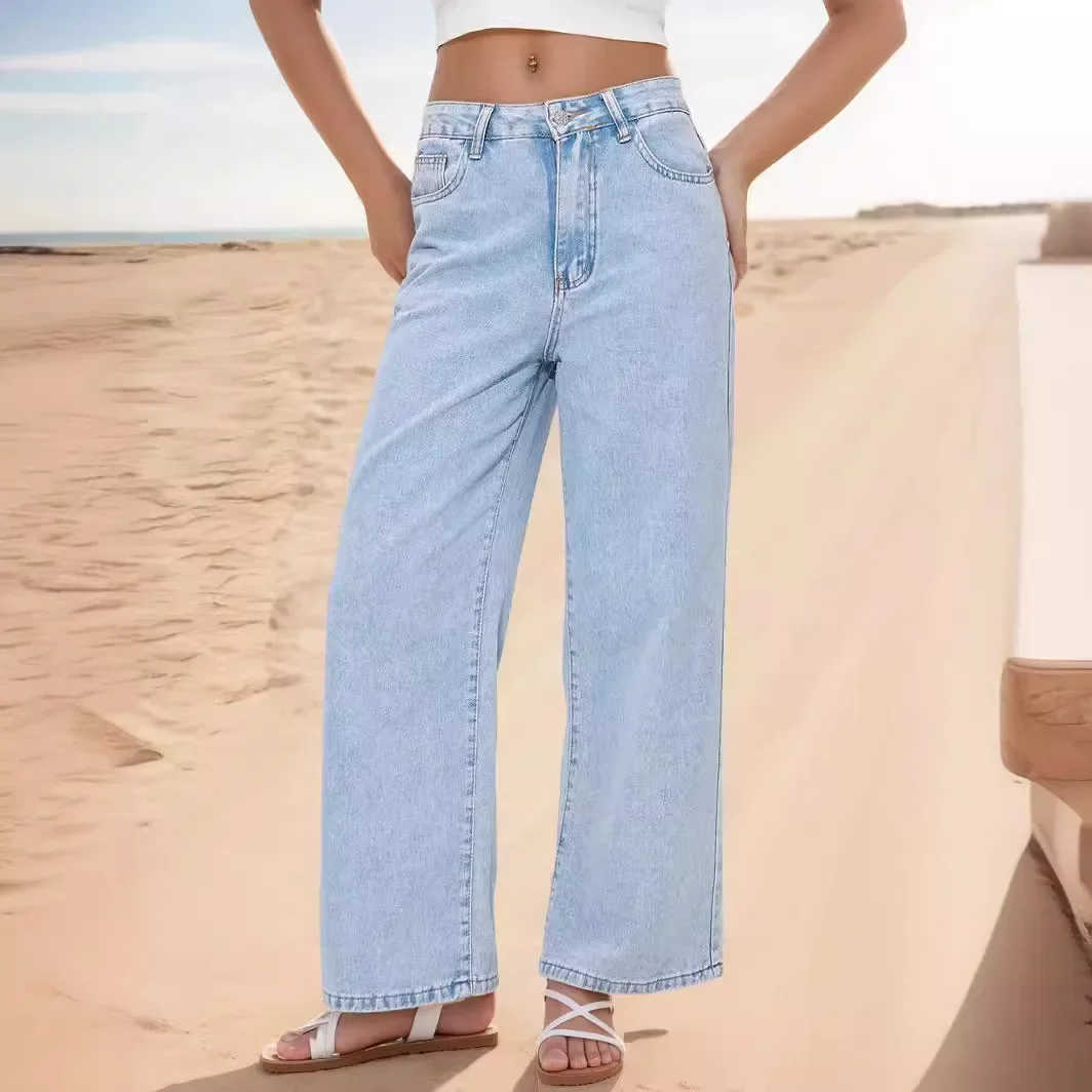 Women's Straight Loose High Waist Denim Trousers Bleach Wide Leg Full Length Pants Jeans