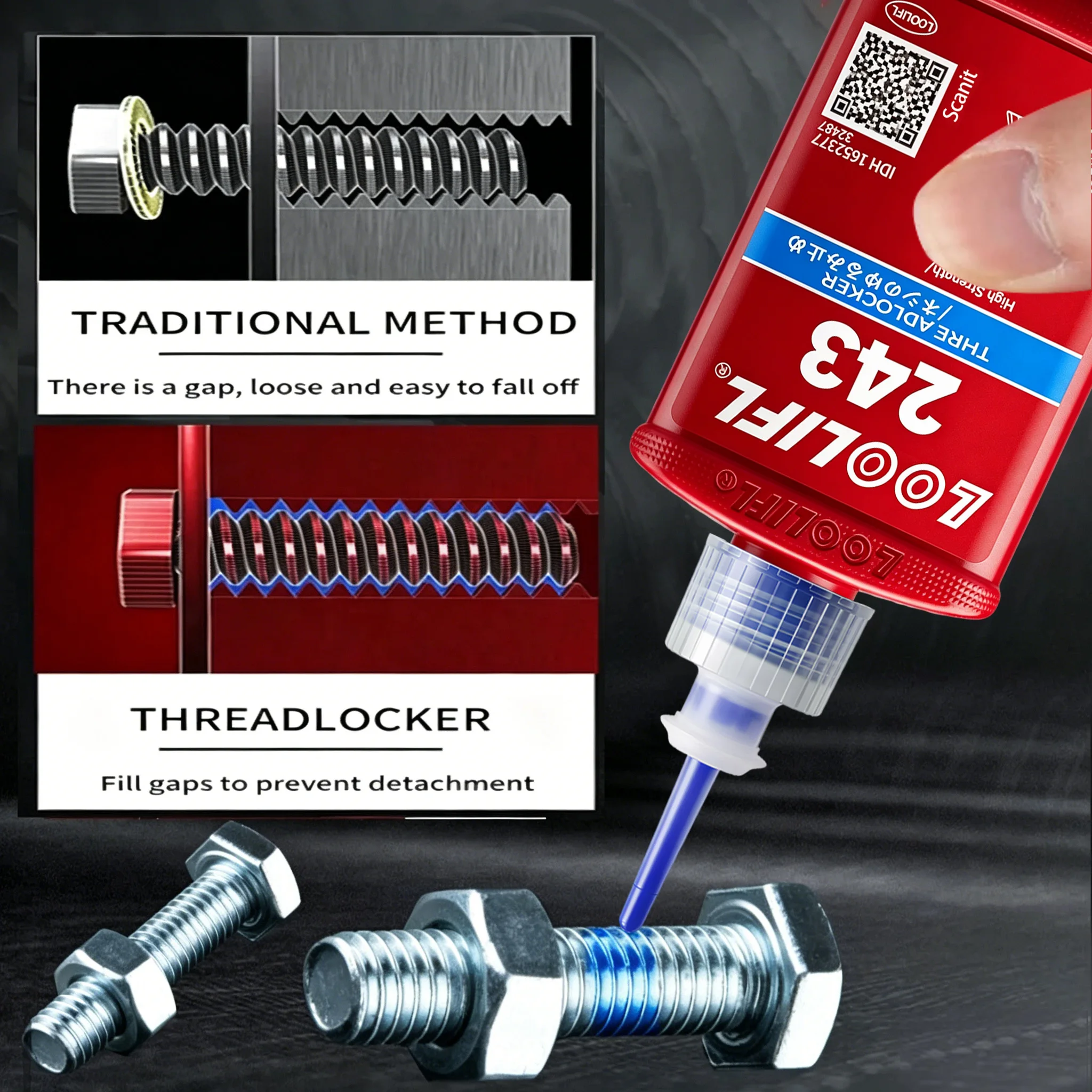 LOOLIFL 243 & 271 Thread Locker Set 50ml Medium & High Strength Anaerobic Adhesive Blue Red Screw Lock Glue Anti-Vibration Rustproof Bolt Sealant For Auto Motorcycle Industrial Metal Thread Repair