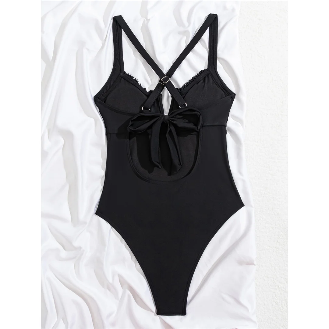 S - XL, einteiliger Badeanzug mit V-Ausschnitt und offenem Rücken, Damen-Badebekleidung, Damen-Monokini mit überkreuztem Rücken, hoher Beinausschnitt, Badeanzug, Badebekleidung, Modell V6862. – Detail 6