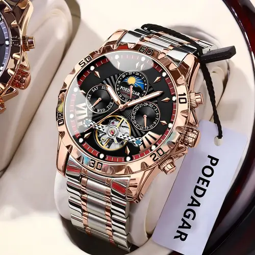 POEDAGAR, reloj mecánico automático de lujo para hombre, Tourbillon hueco, reloj masculino luminoso resistente al agua, relojes de negocios con fecha semanal para hombre