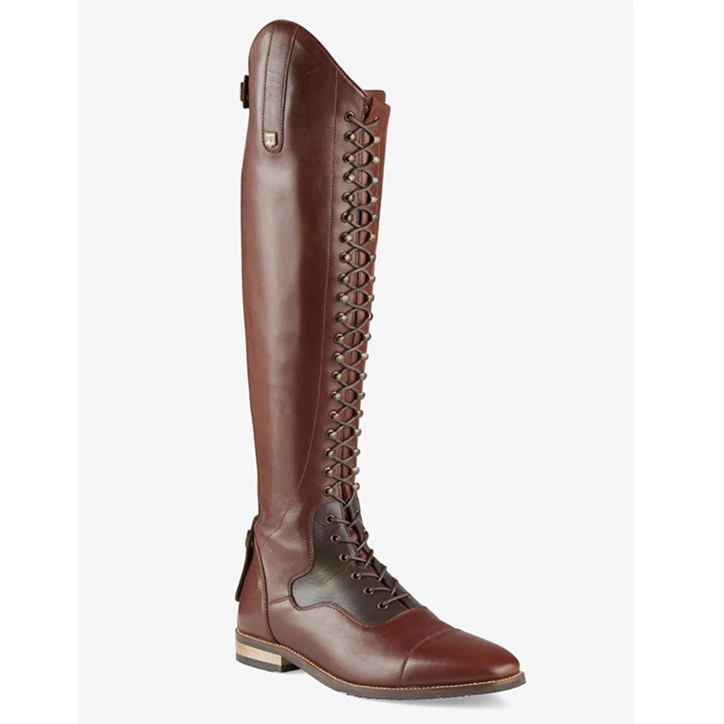 

British Fashion Irregular Top Brown Patchwork Flats Knee Boots Woman Button Cross Lace- Up Mixed Color Cool Lady Knight Boots