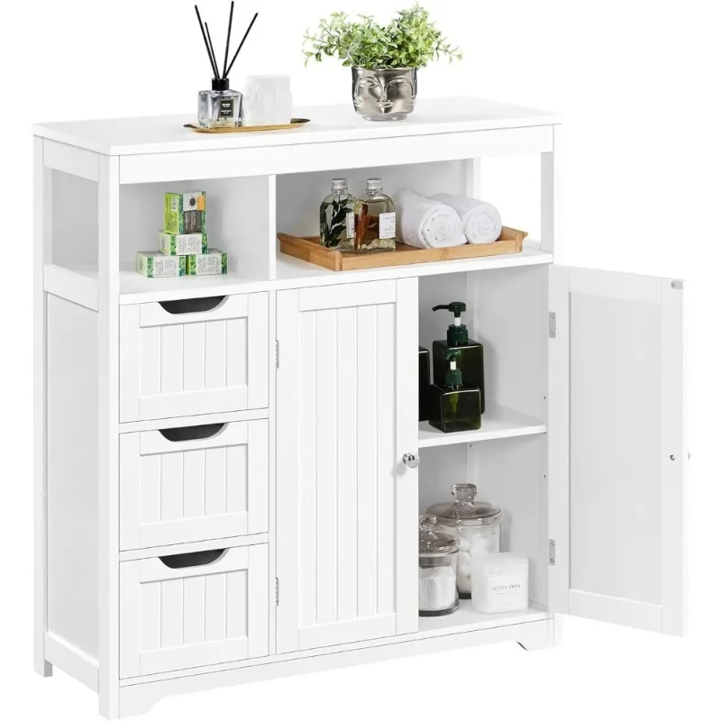 

Freestanding Bathroom Floor Cabinet with 3 Drawers 2 Open Shelves Large Storage Organizer for Kitchen Living Room White