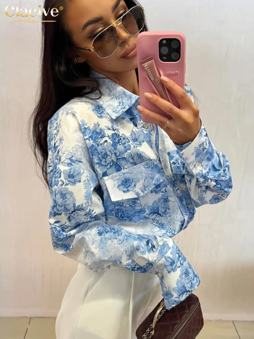 Clacive Fashion Loose Print Women's Blouse 2025 Vintage Lapel Long Sleeve Shirt Elegant Classic Pockets Top Female Clothing