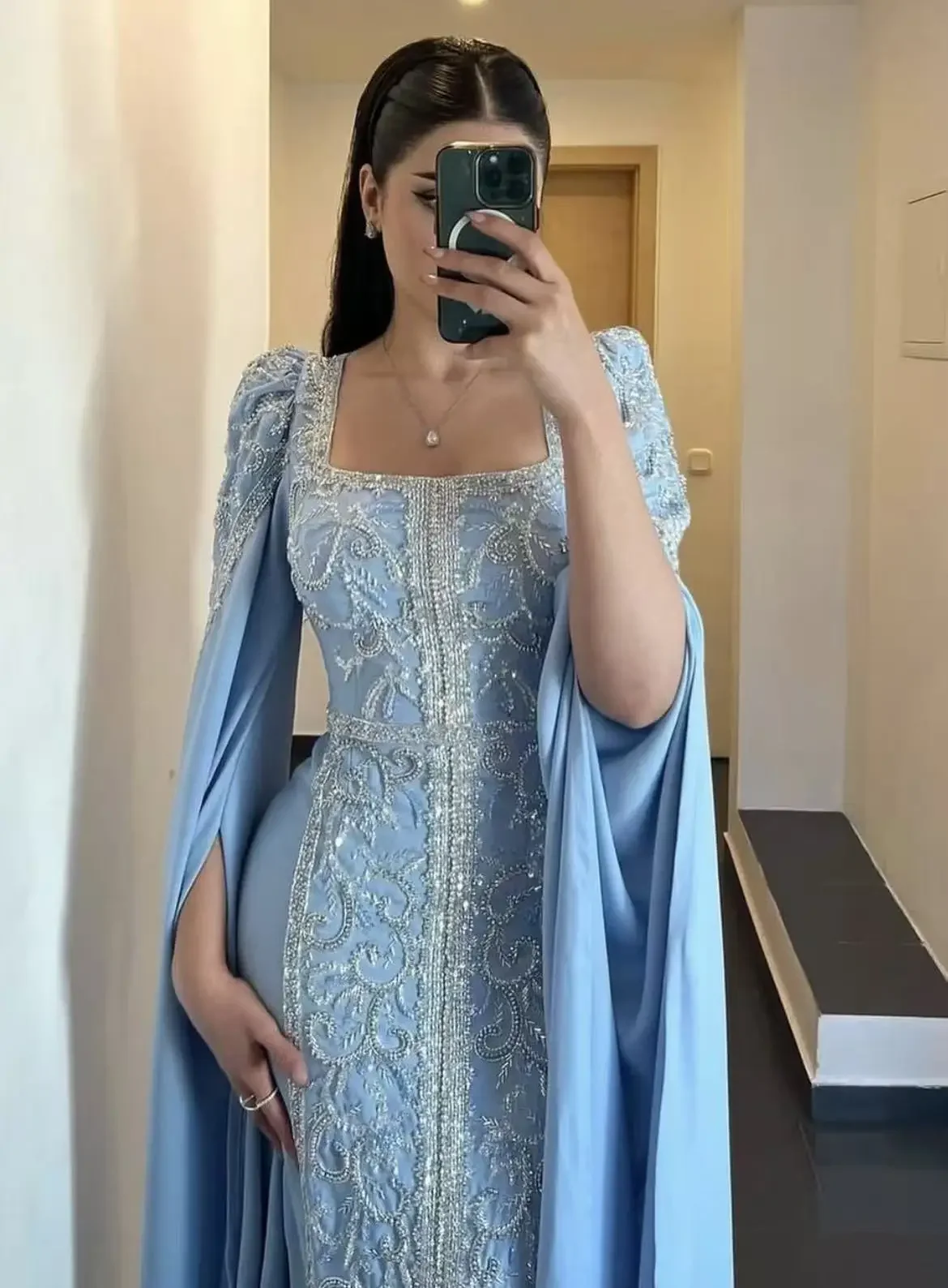 Himmelblauer marokkanischer Kaftan, muslimische Abendkleider, A-Linie, transparenter Chiffon, mit Perlen besetzt, Dubai, arabische Abaya, islamisches Kleid, maßgeschneidert